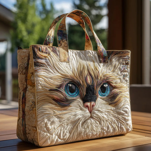 White Cat with Blue Eyes Quilted Artisan Tote
