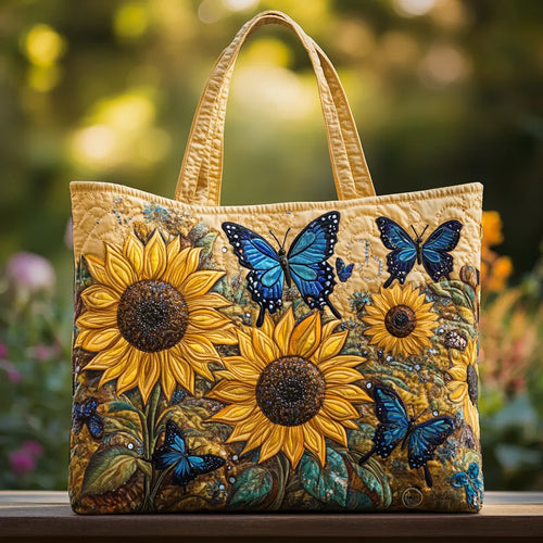 Sunflowers and Blue Butterflies Quilted Artisan Tote