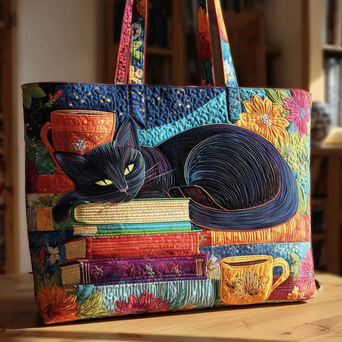 Black Cat with Books and Mugs Quilted Artisan Tote