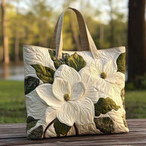 Elegant White Lilies Quilted Artisan Tote