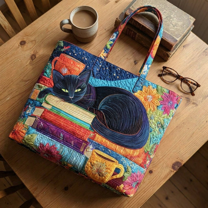 Black Cat with Books and Mugs Quilted Artisan Tote