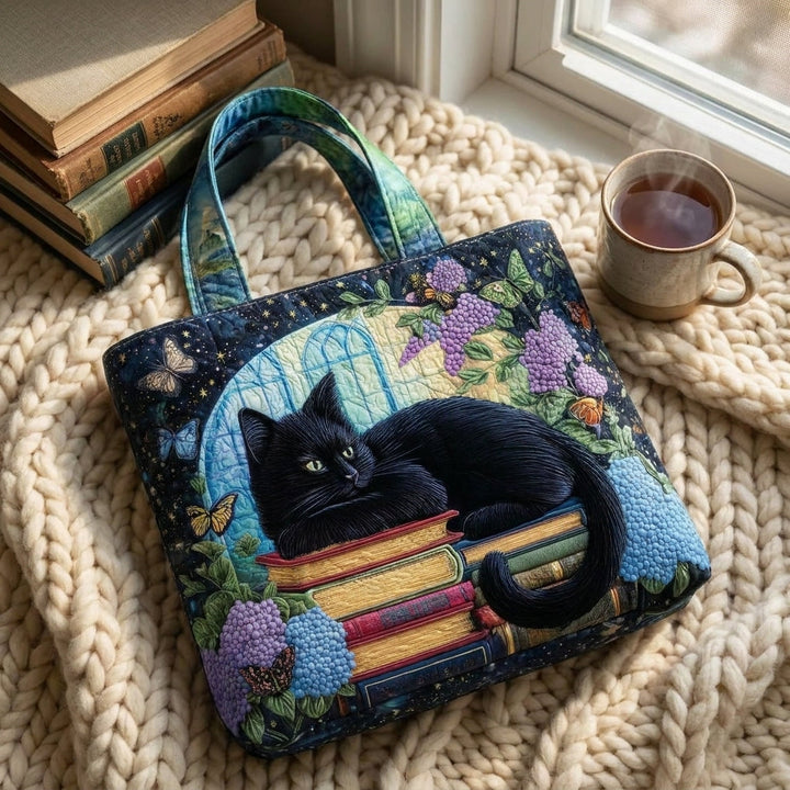 Black Cat on Books Quilted Artisan Tote