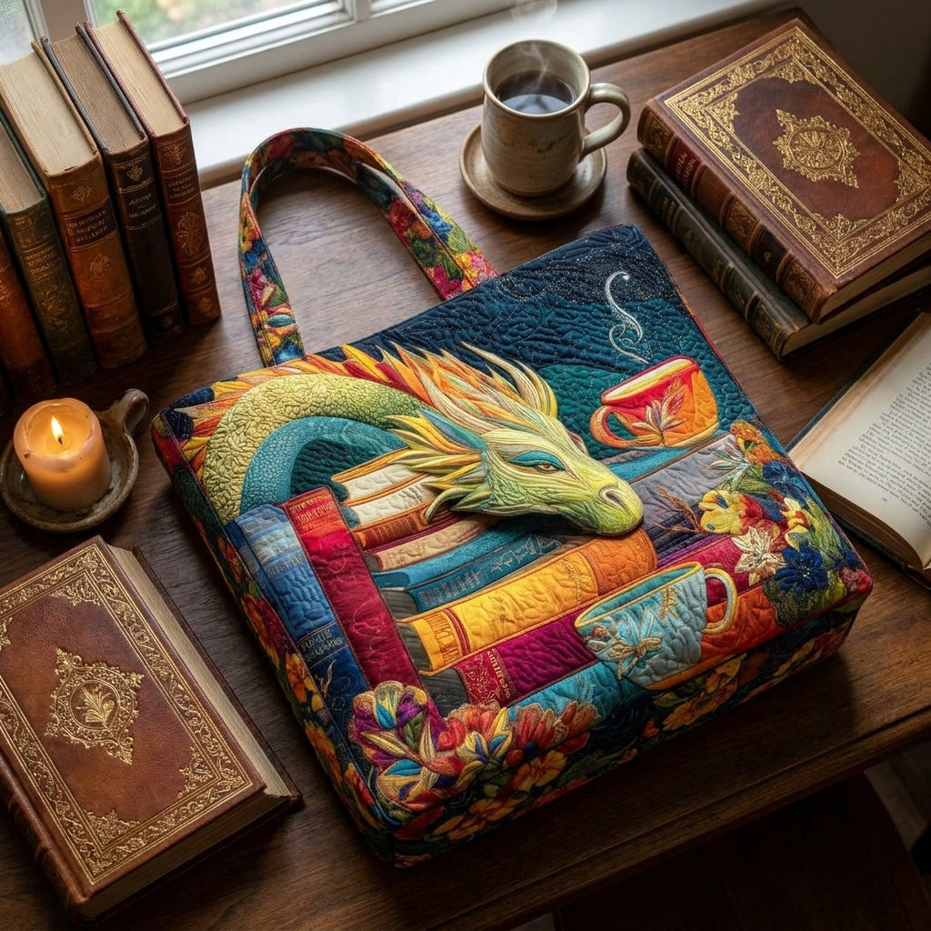 Dragon Reader with Books and Mugs Quilted Artisan Tote