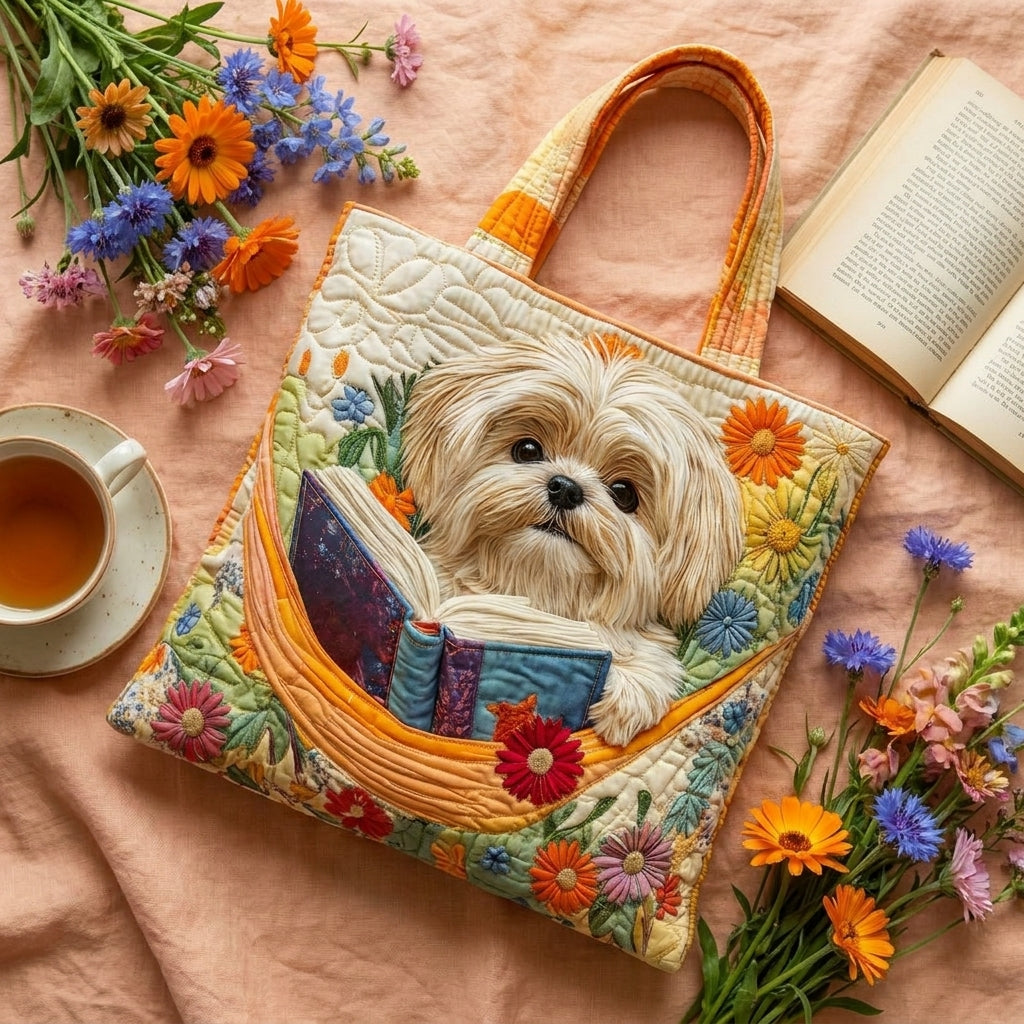 Shih Tzu with Books and Flowers Quilted Artisan Tote