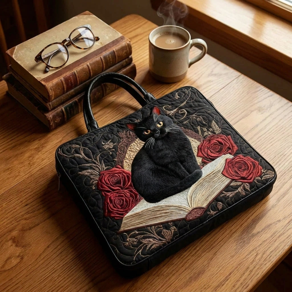 Black Cat on Books II Quilted Artisan Tote