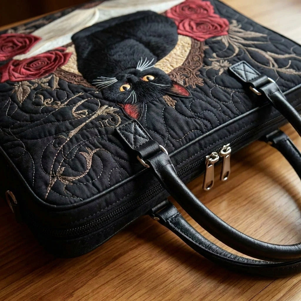 Black Cat on Books II Quilted Artisan Tote