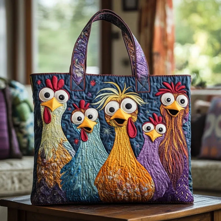 Five Colorful Chickens Quilted Artisan Tote
