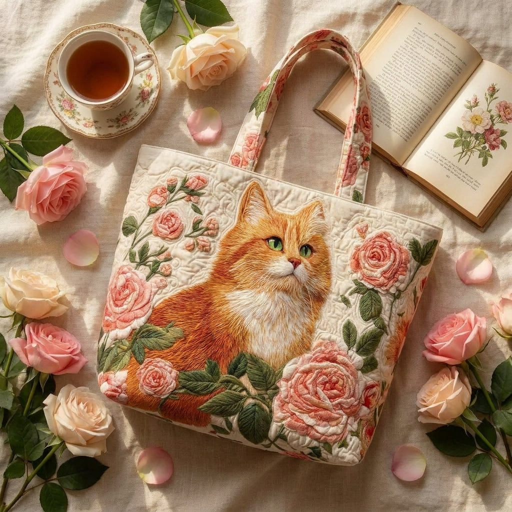 Orange Cat with Roses Quilted Artisan Tote