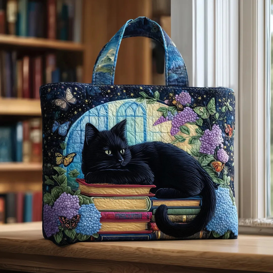 Black Cat on Books Quilted Artisan Tote