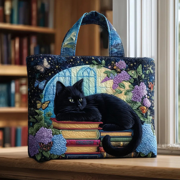Black Cat on Books Quilted Artisan Tote