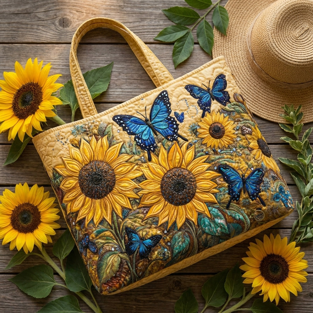 Sunflowers and Blue Butterflies Quilted Artisan Tote