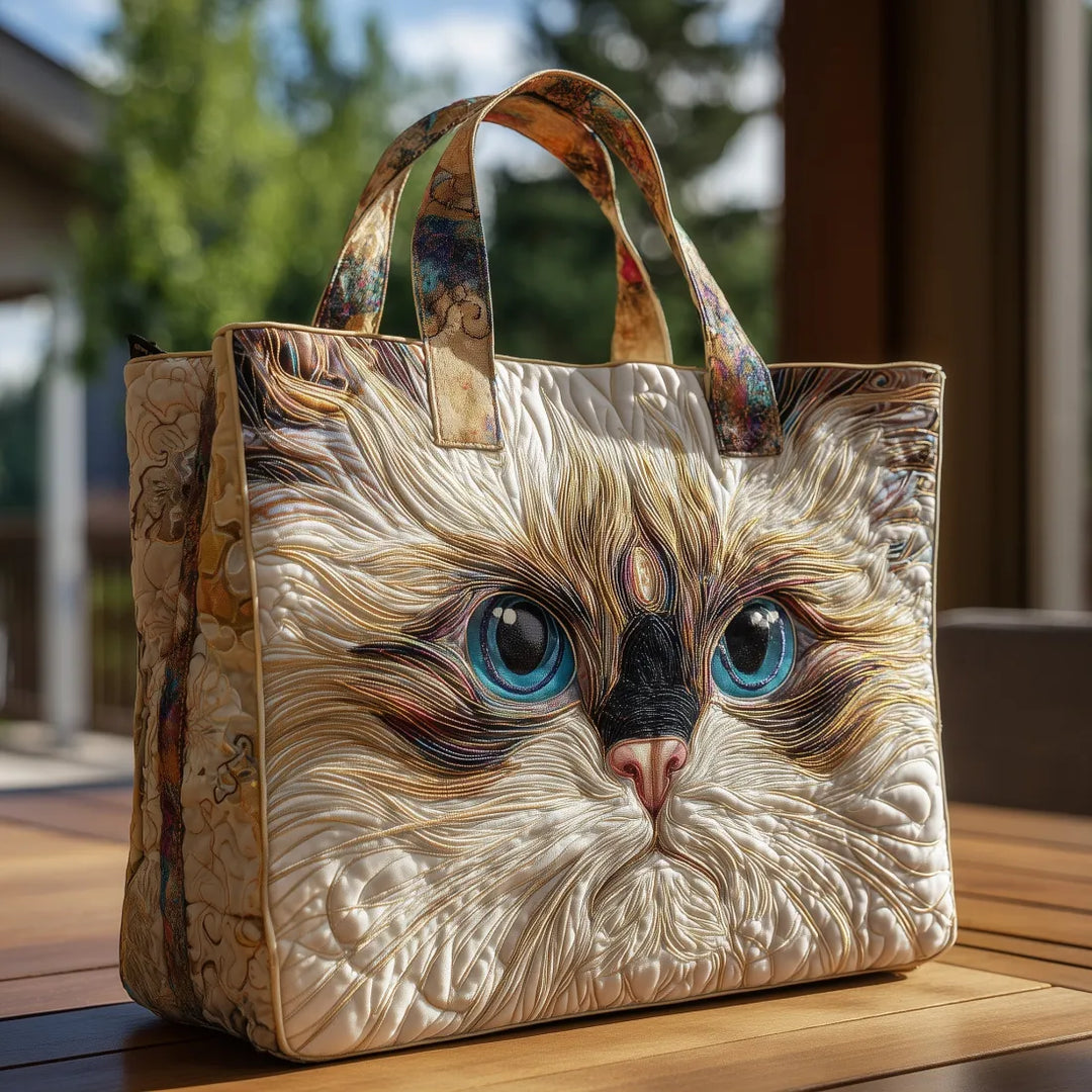 White Cat with Blue Eyes Quilted Artisan Tote