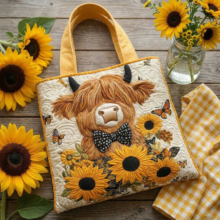 Highland Cow with Sunflowers Quilted Artisan Tote
