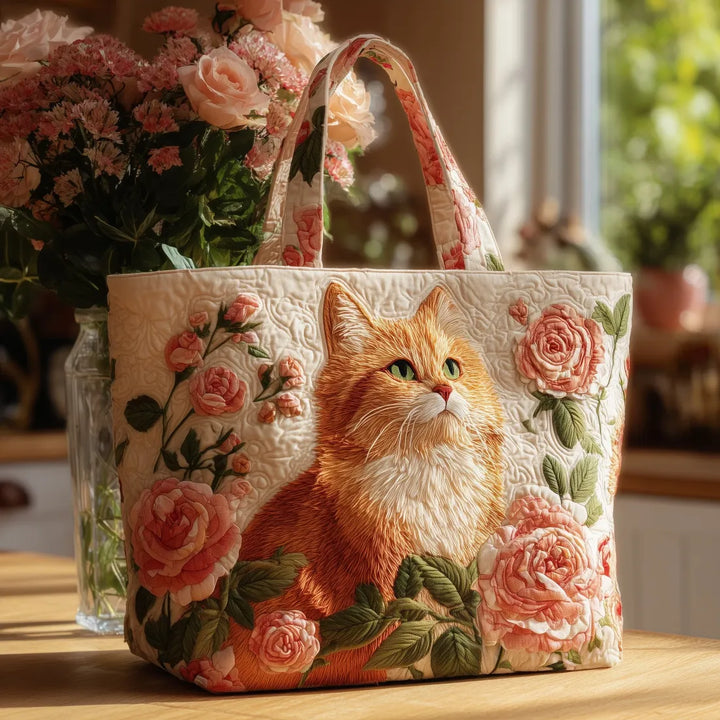 Orange Cat with Roses Quilted Artisan Tote