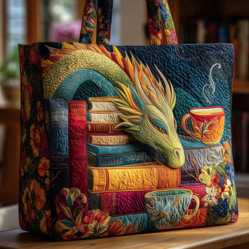 Dragon Reader with Books and Mugs Quilted Artisan Tote
