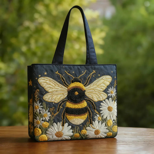 Bee with Daisies and Stars Quilted Artisan Tote