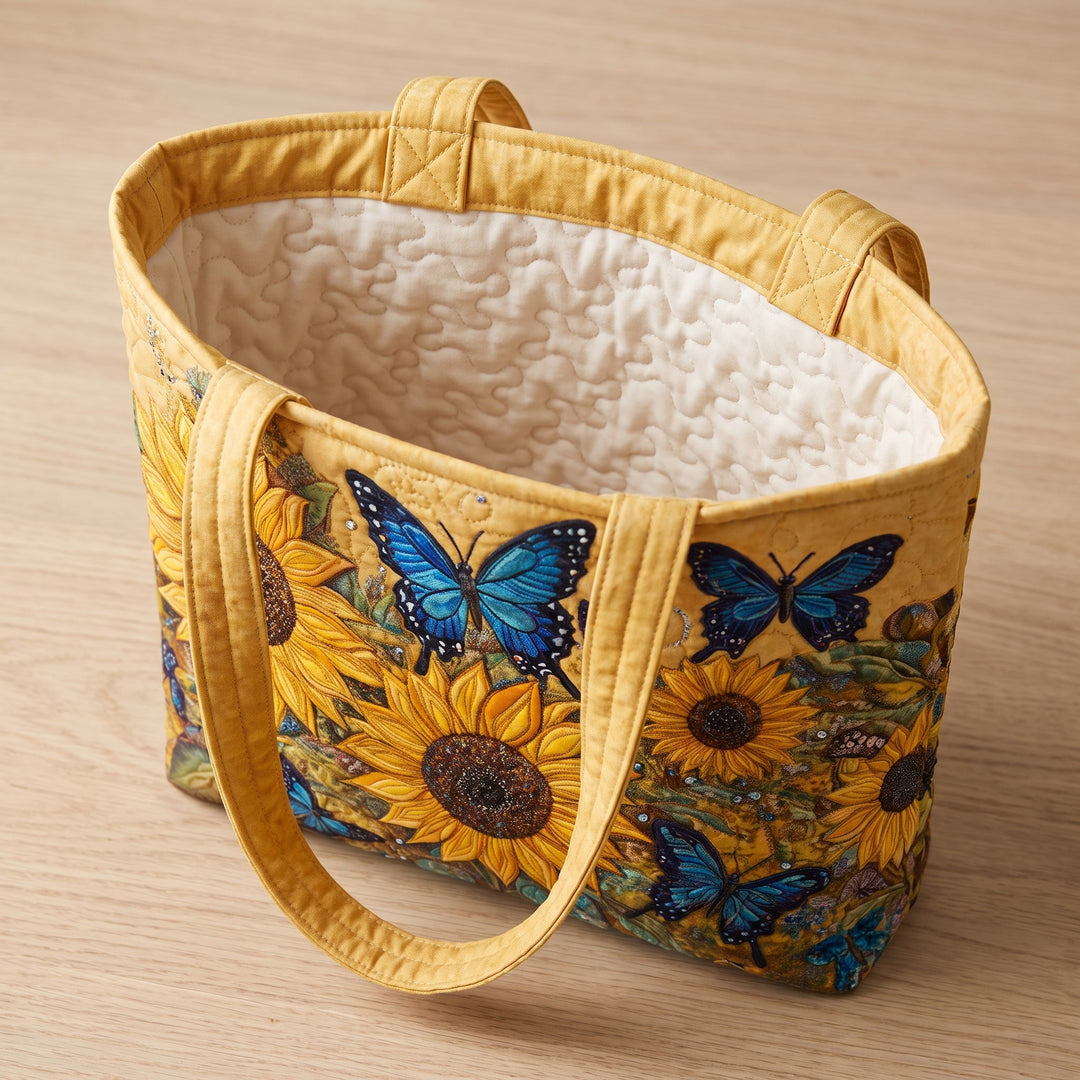 Sunflowers and Blue Butterflies Quilted Artisan Tote
