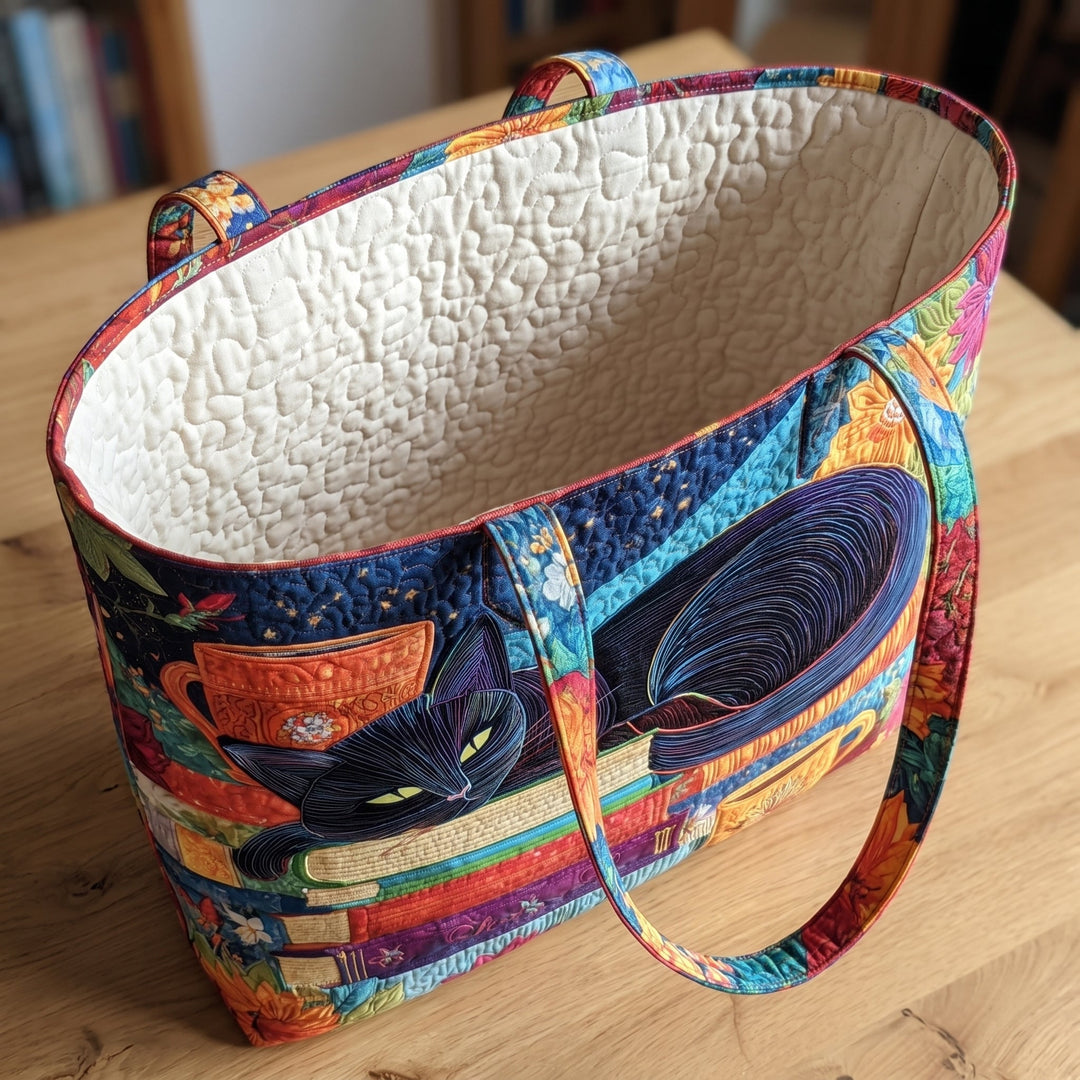 Black Cat with Books and Mugs Quilted Artisan Tote