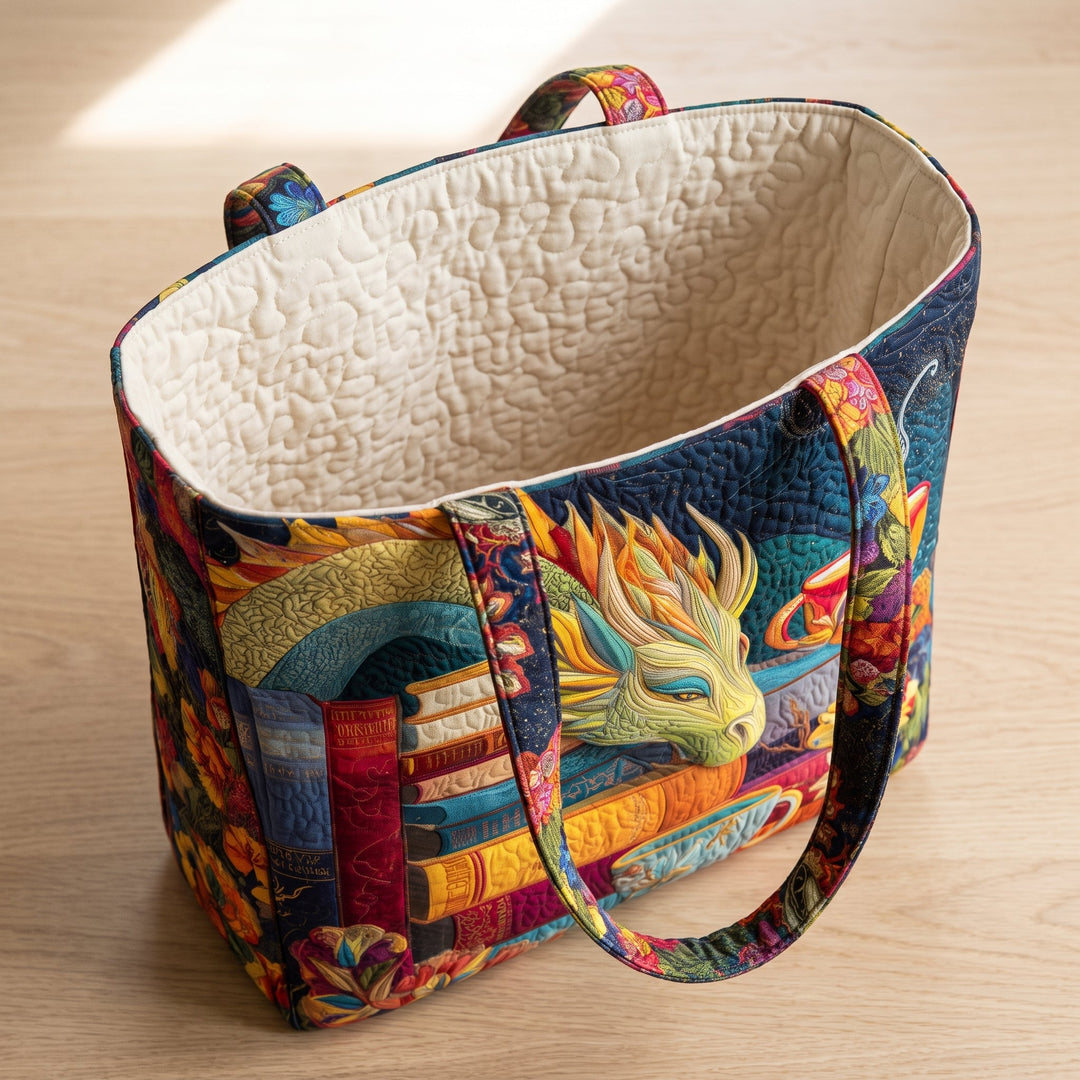 Dragon Reader with Books and Mugs Quilted Artisan Tote