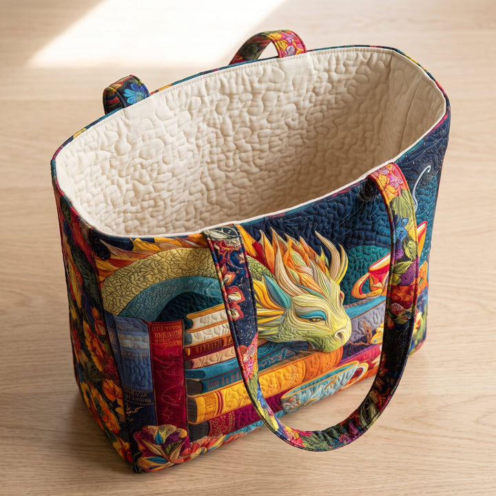 Dragon Reader with Books and Mugs Quilted Artisan Tote