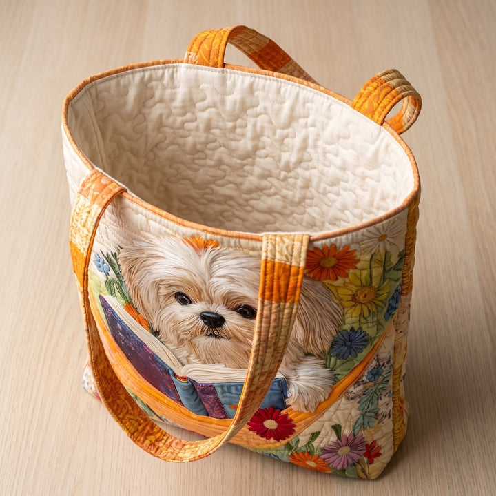 Shih Tzu with Books and Flowers Quilted Artisan Tote