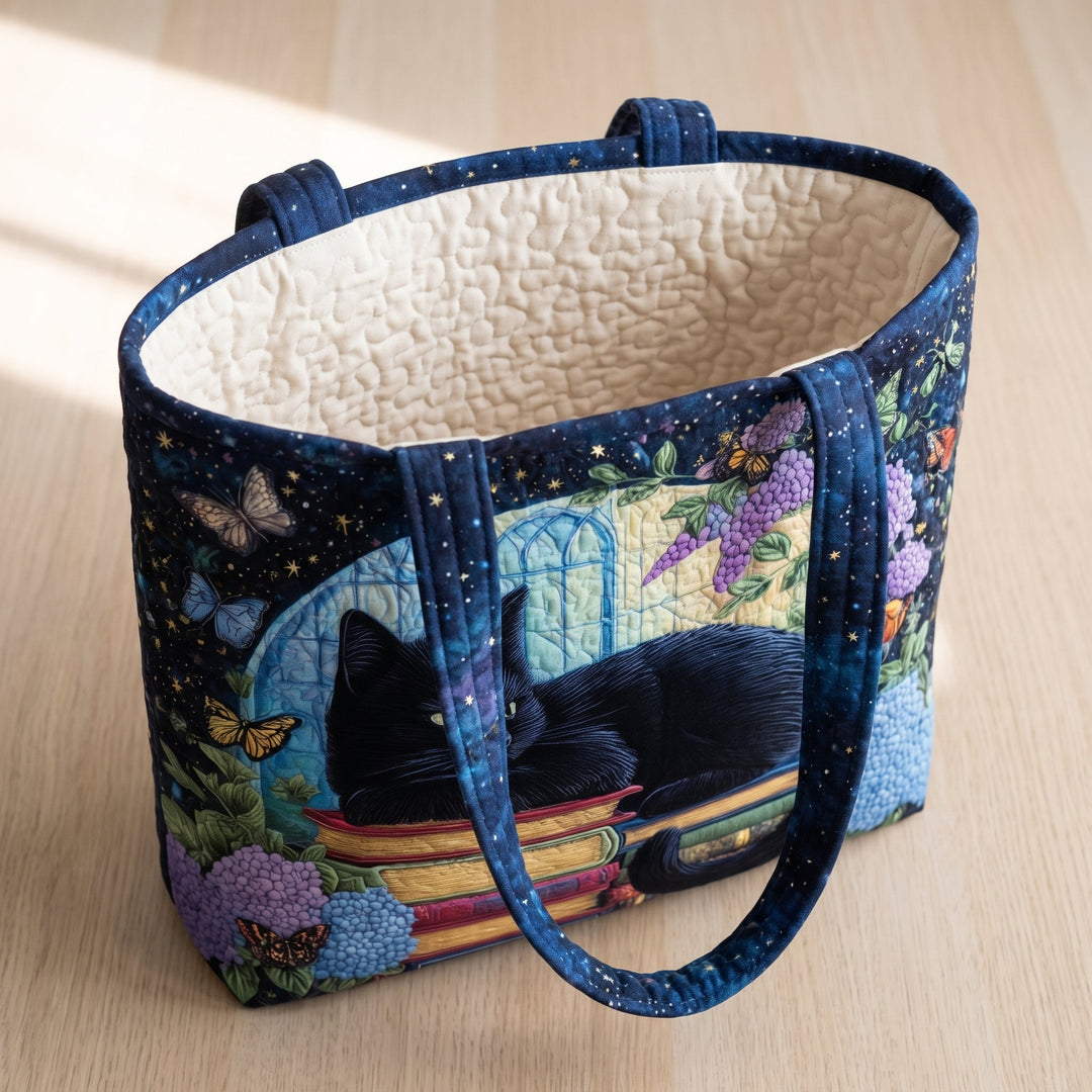 Black Cat on Books Quilted Artisan Tote