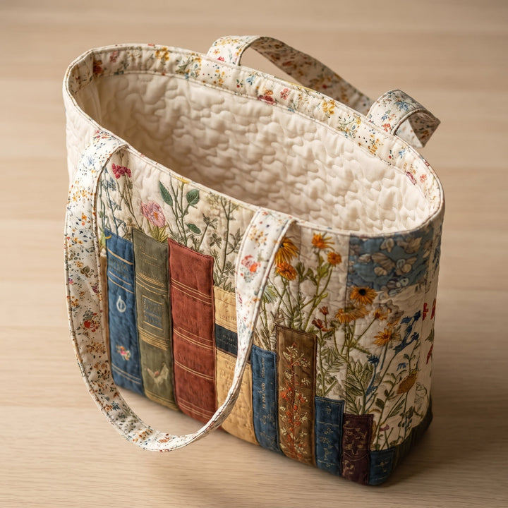 Books and Flowers Quilted Artisan Tote