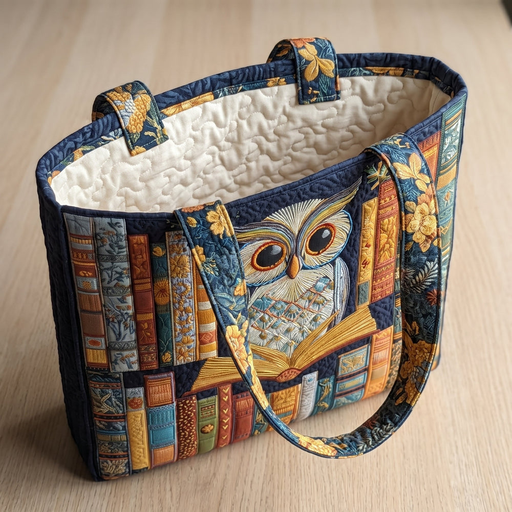 Owl and Vintage Books Quilted Artisan Tote