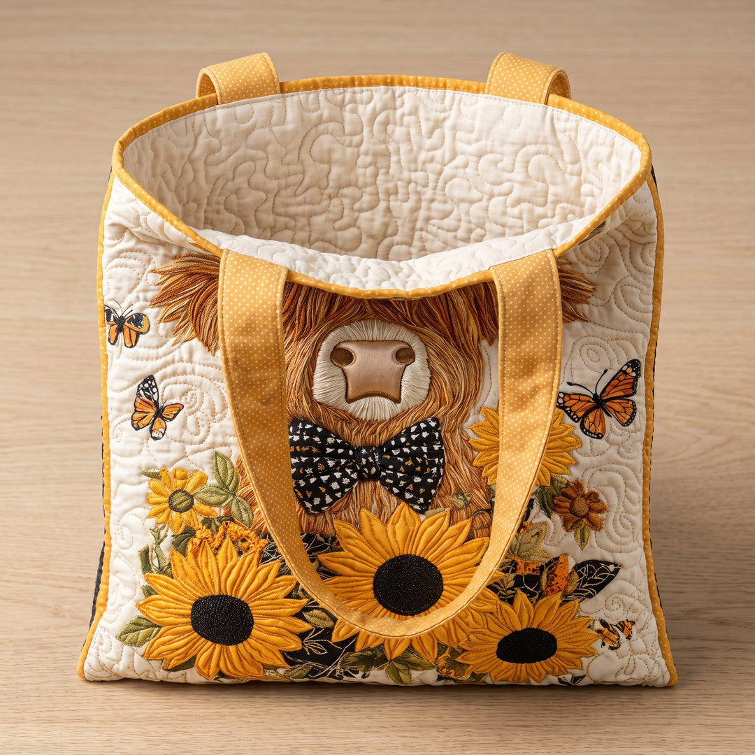 Highland Cow with Sunflowers Quilted Artisan Tote