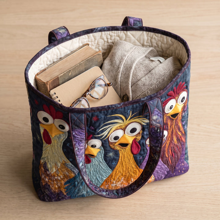 Five Colorful Chickens Quilted Artisan Tote
