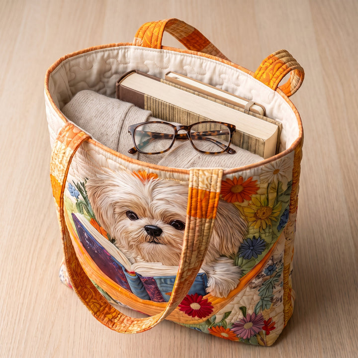 Shih Tzu with Books and Flowers Quilted Artisan Tote