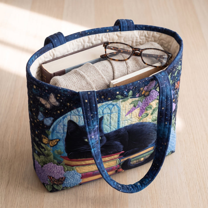 Black Cat on Books Quilted Artisan Tote