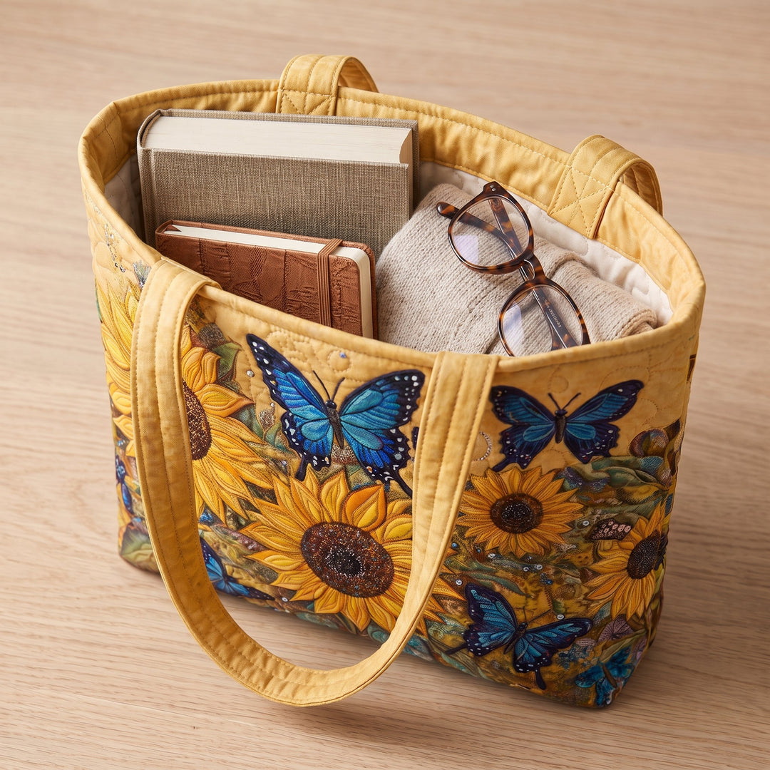 Sunflowers and Blue Butterflies Quilted Artisan Tote