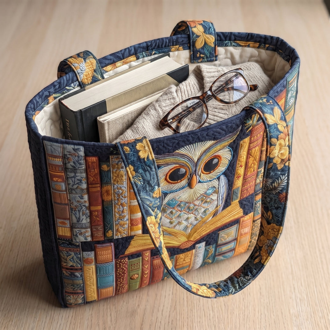 Owl and Vintage Books Quilted Artisan Tote
