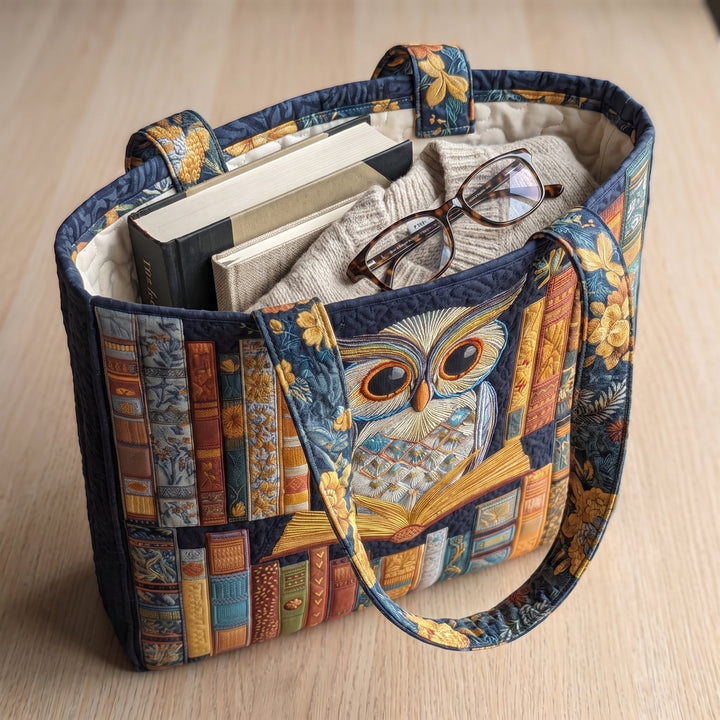 Owl and Vintage Books Quilted Artisan Tote