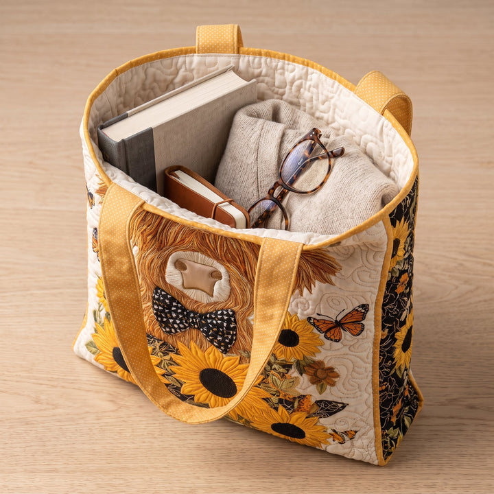Highland Cow with Sunflowers Quilted Artisan Tote