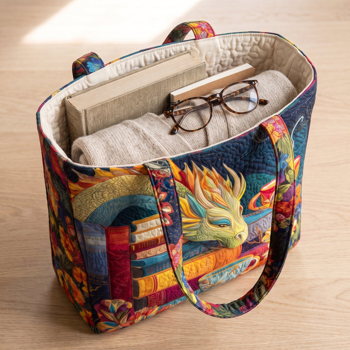 Dragon Reader with Books and Mugs Quilted Artisan Tote