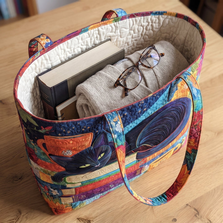 Black Cat with Books and Mugs Quilted Artisan Tote