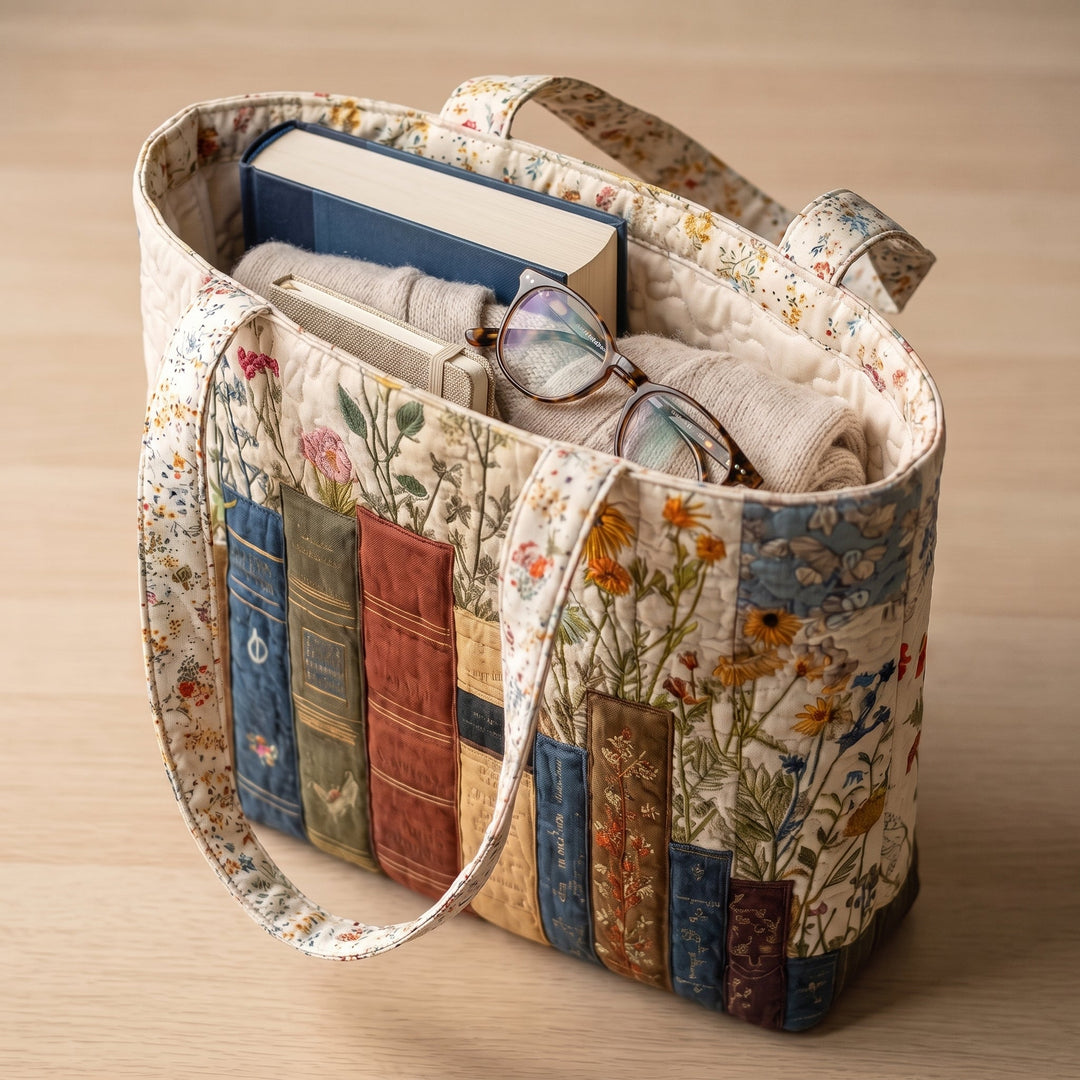 Books and Flowers Quilted Artisan Tote