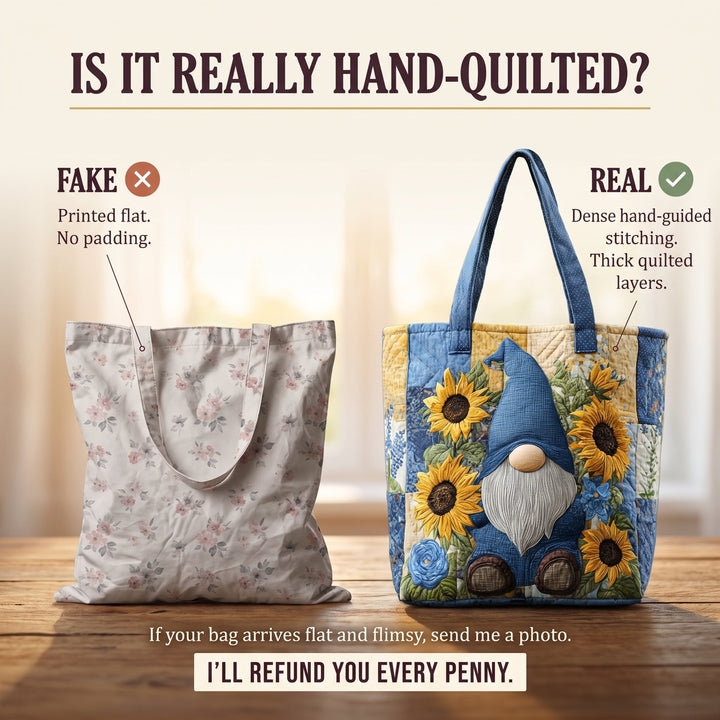 Sunflower Gnome Quilted Tote Bag