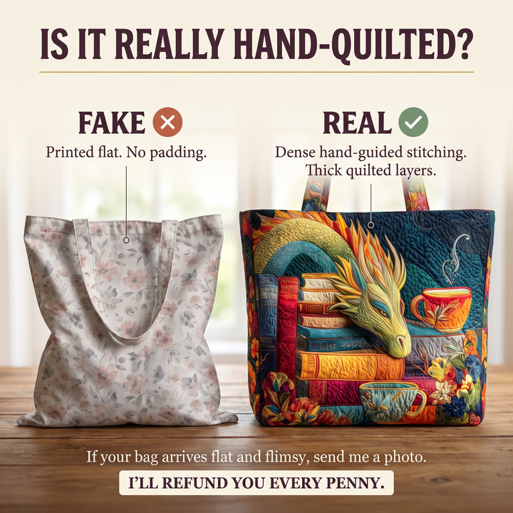 Dragon Reader with Books and Mugs Quilted Artisan Tote