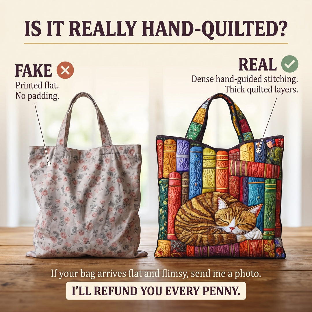 Vintage Library Cat Quilted Tote Bag