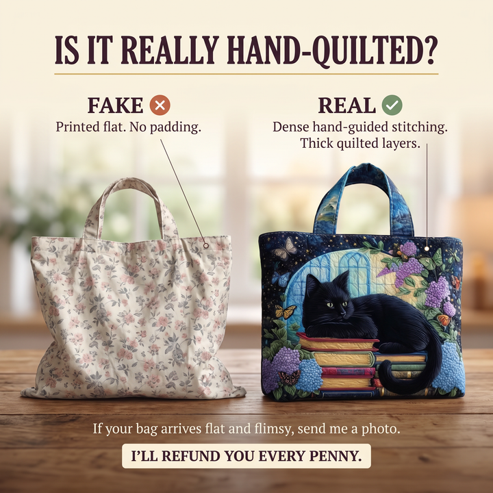 Black Cat on Books Quilted Artisan Tote