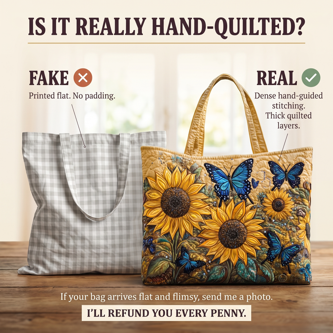 Sunflowers and Blue Butterflies Quilted Artisan Tote