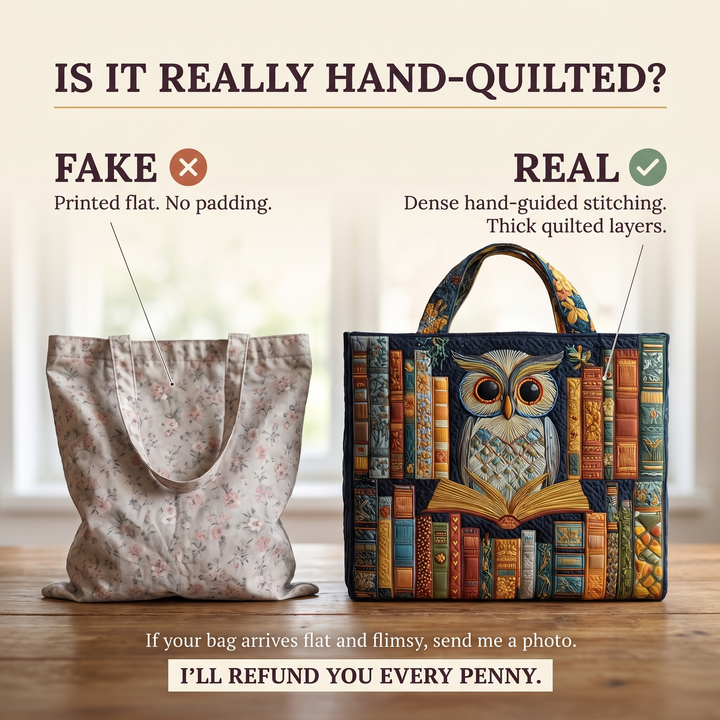 Owl and Vintage Books Quilted Artisan Tote