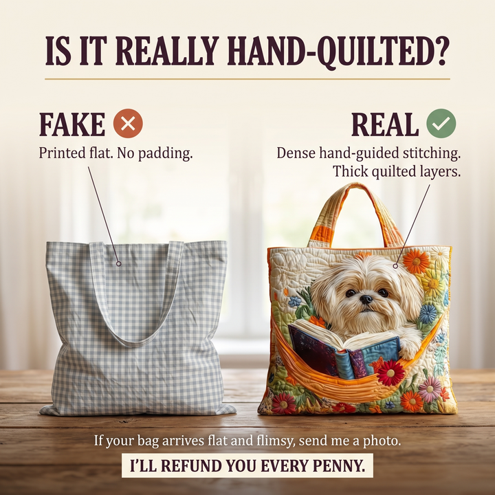 Shih Tzu with Books and Flowers Quilted Artisan Tote