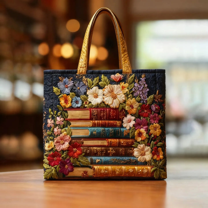 Floral Print and Books Quilted Artisan Tote