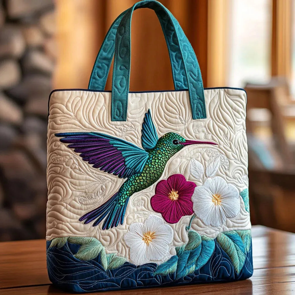 Hummingbird and White Flower II Quilted Artisan Tote