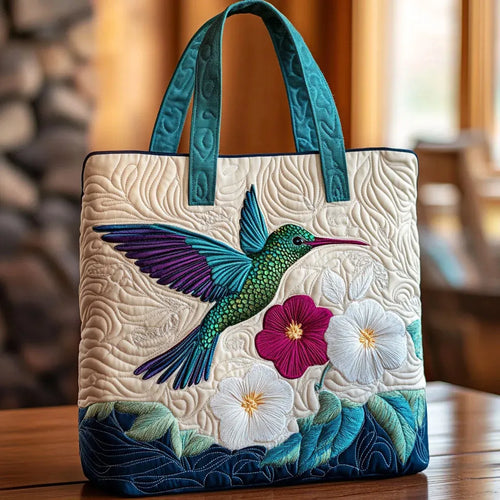 Hummingbird and White Flower II Quilted Artisan Tote