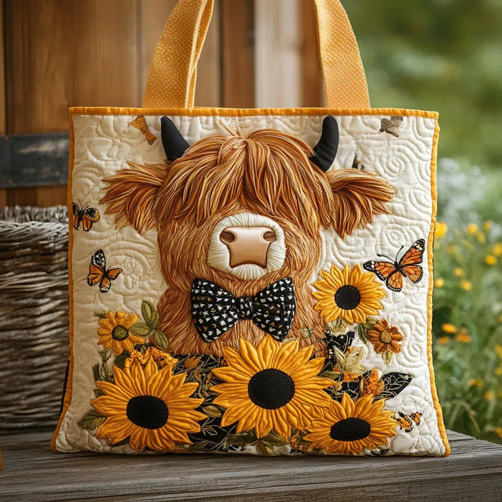 Highland Cow with Sunflowers Quilted Artisan Tote